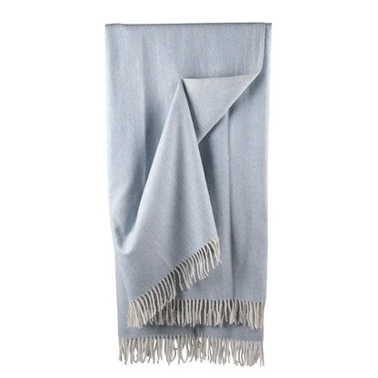 Close-up of Cornflower herringbone weave texture on wool throw blanket - PABOOM