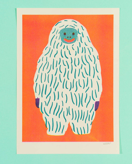 Risograph print of a fluffy white Yeti with a teal face on an orange background - PABOOM