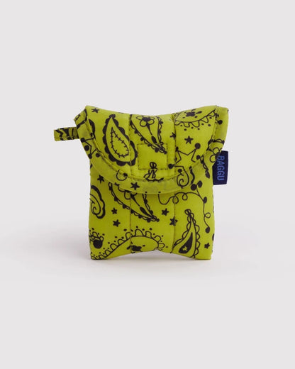 BAGGU Puffy Earbuds Case in chartreuse paisley print with keychain loop - PABOOM