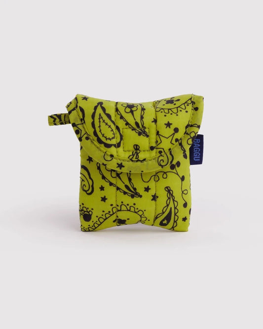 BAGGU Puffy Earbuds Case in chartreuse paisley print with keychain loop - PABOOM