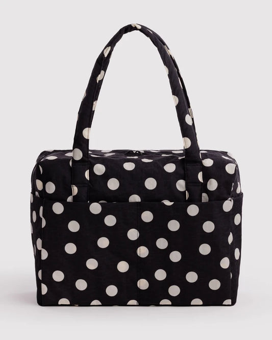 BAGGU Cloud Carry-on in black and cream polka dot with trolley sleeve - PABOOM