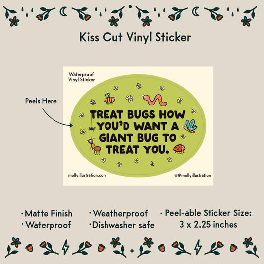 Close-up of the cartoon bug illustration on the Treat Bugs vinyl sticker