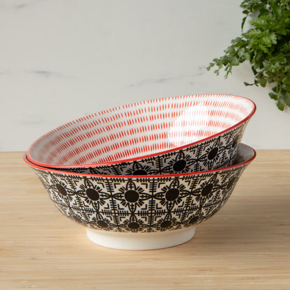 Stamped Porcelain Bowl 8" - Black Tile + Red
