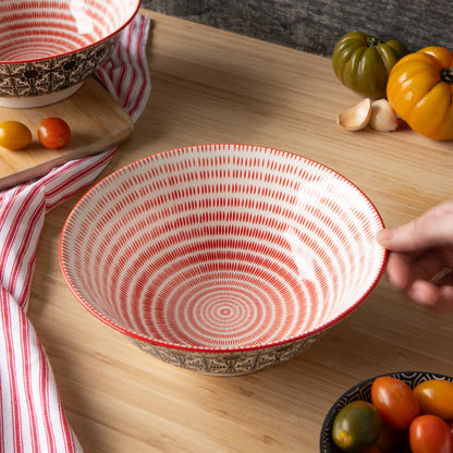 Stamped Porcelain Bowl 8" - Black Tile + Red