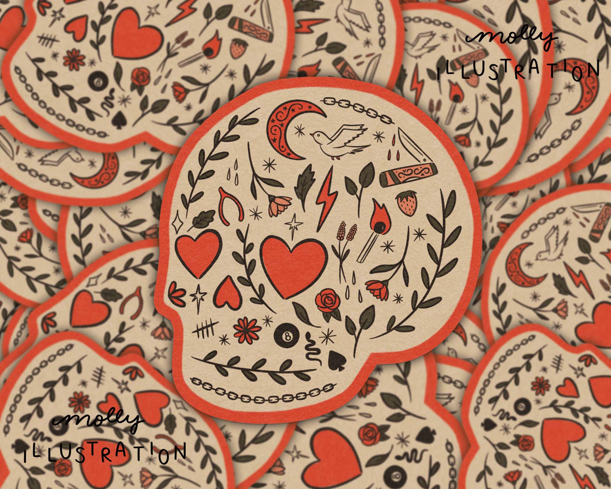 Waterproof vinyl sticker pattern of skulls with heart eyes surrounded by botanical hearts and leaves in red, black and green on a cream background