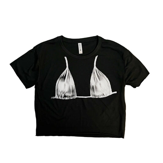 Black t-shirt with a white bikini top graphic on a white background