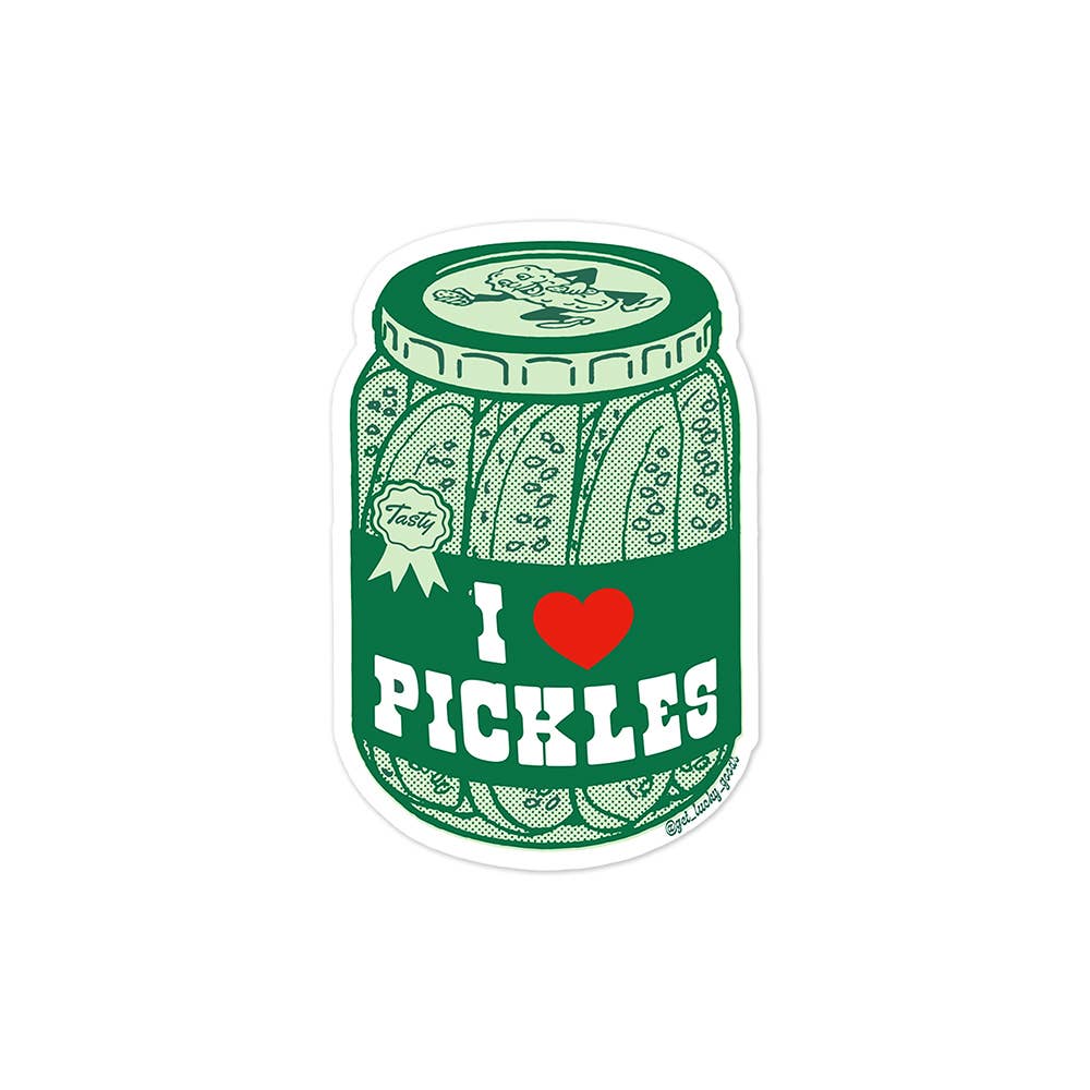 Matte vinyl sticker illustration of a green pickle jar labeled "I ♥ Pickles" with a red heart and a "Tasty" seal - PABOOM