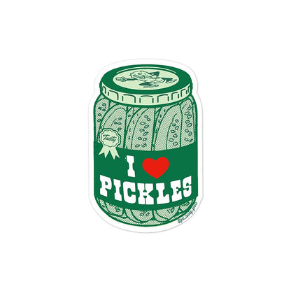 Matte vinyl sticker illustration of a green pickle jar labeled "I ♥ Pickles" with a red heart and a "Tasty" seal - PABOOM