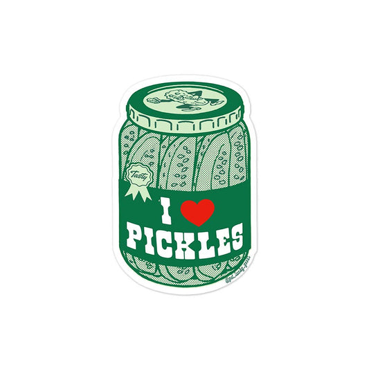 Matte vinyl sticker illustration of a green pickle jar labeled "I ♥ Pickles" with a red heart and a "Tasty" seal - PABOOM