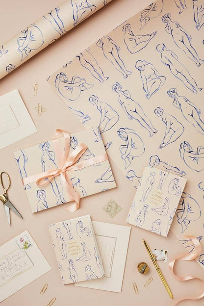 Nudes Happy Birthday Wonderful Lady card shown alongside the matching wrapping paper