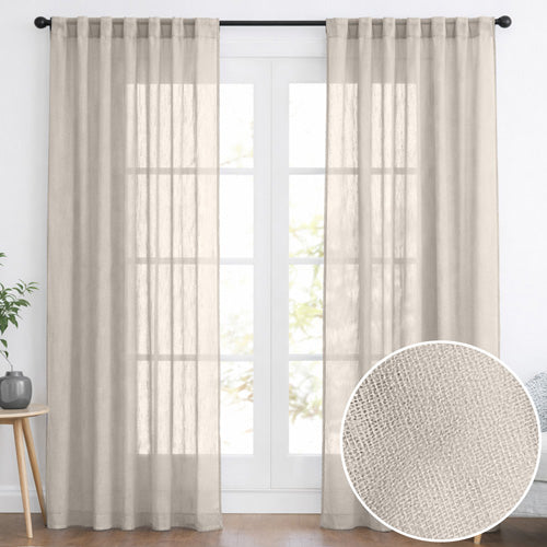 Taupe sheer weave curtain panels in a bright window with woven texture close-up - PABOOM