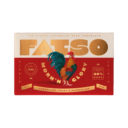 Fatoso chocolate bar packaging with a rooster illustration on a white background