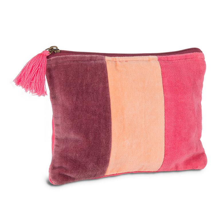 Medium pink striped cotton velvet pouch with a tassel pull, 6x8 inches