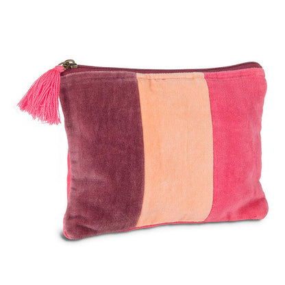 Medium pink striped cotton velvet pouch with a tassel pull, 6x8 inches