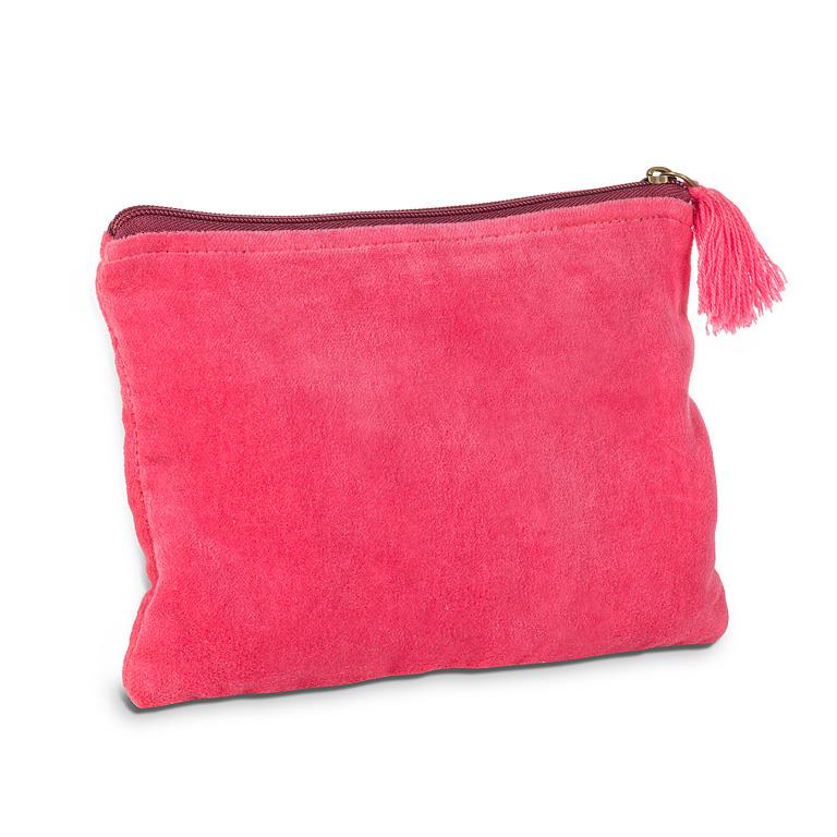 Medium pink striped cotton velvet pouch with tassel, additional angle