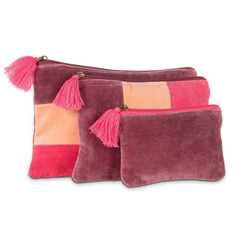 Medium pink striped cotton velvet pouch with tassel, additional angle