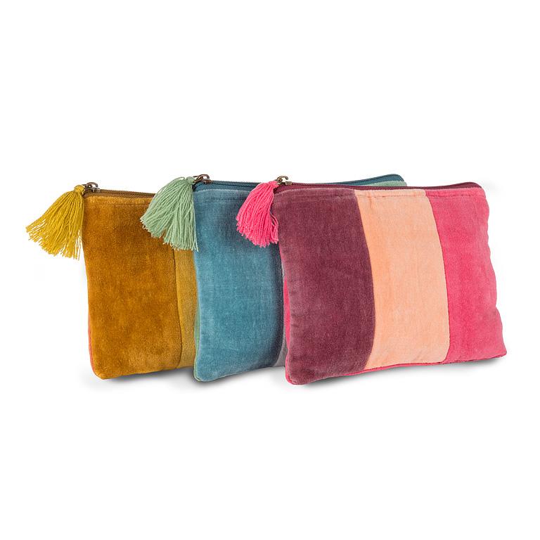 Medium pink striped cotton velvet pouch with tassel, additional angle