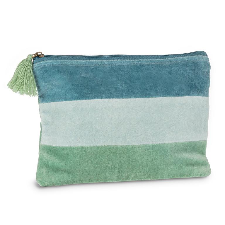 Large aqua striped cotton velvet pouch with a tassel pull, 7x10 inches