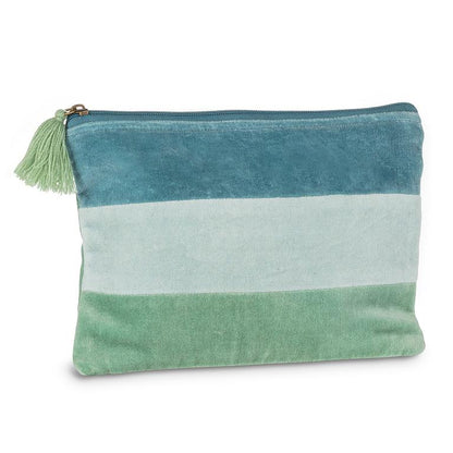 Large aqua striped cotton velvet pouch with a tassel pull, 7x10 inches