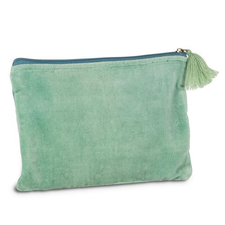Large aqua striped cotton velvet pouch with tassel, additional angle