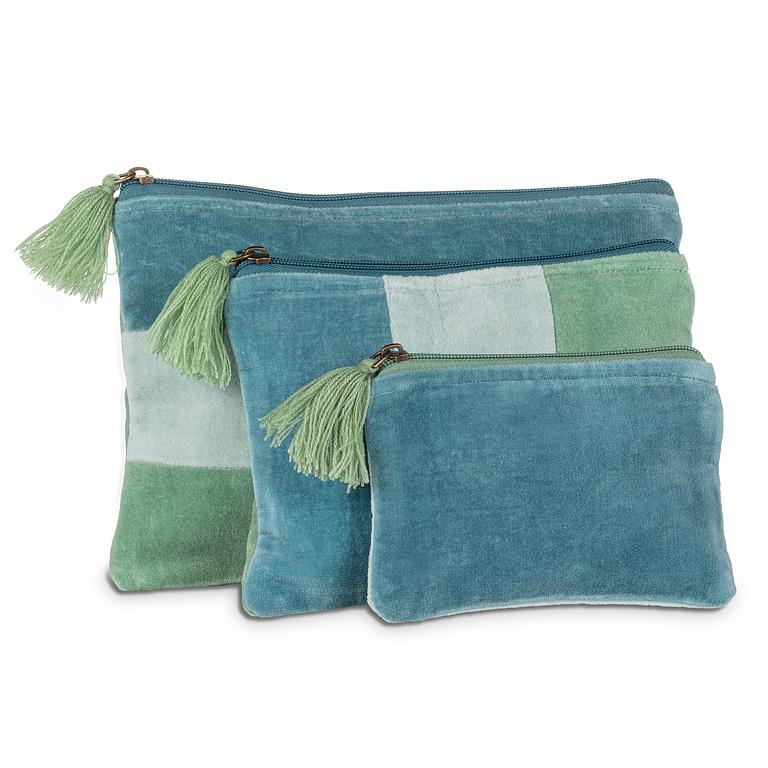 Large aqua striped cotton velvet pouch with tassel, additional angle