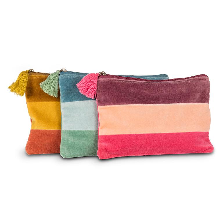Large aqua striped cotton velvet pouch with tassel, additional angle