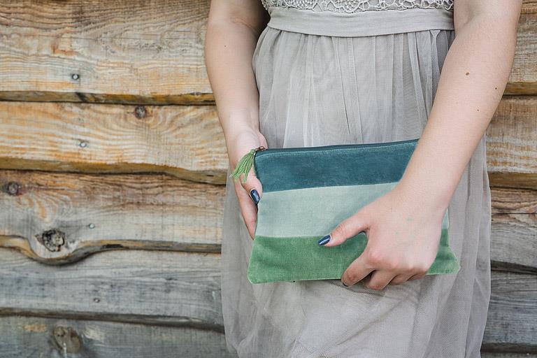 Large aqua striped cotton velvet pouch with tassel, additional angle