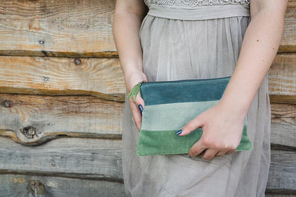 Large aqua striped cotton velvet pouch with tassel, additional angle