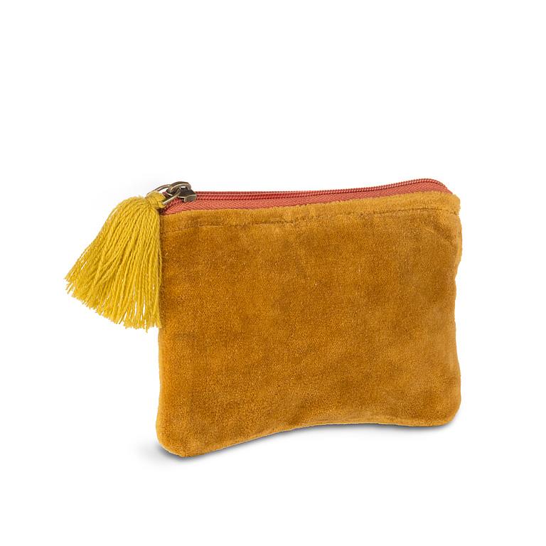 Small muted gold cotton velvet pouch with a tassel pull, 4x6 inches