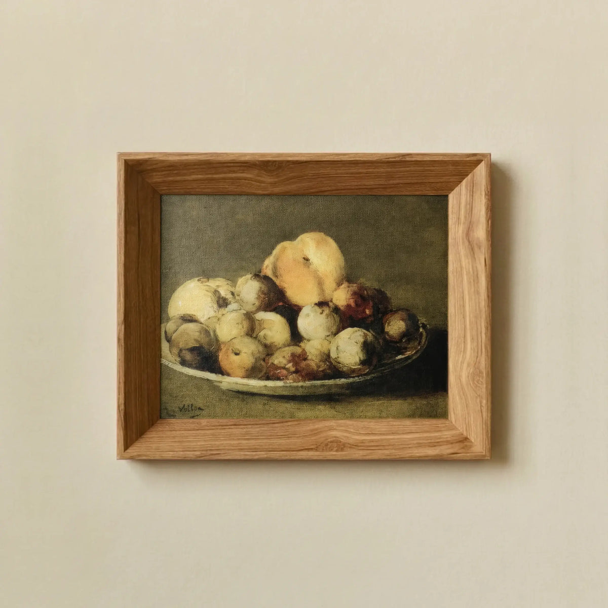 Framed canvas print of Antoine Vollon's still life with plums and peaches on a plate, in a warm wood floater frame - PABOOM
