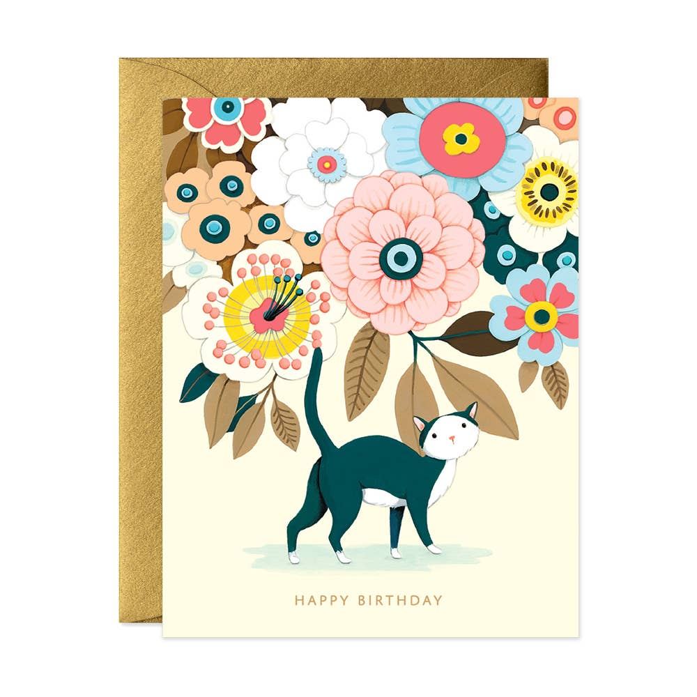 Floral Kitty Birthday Greeting Card