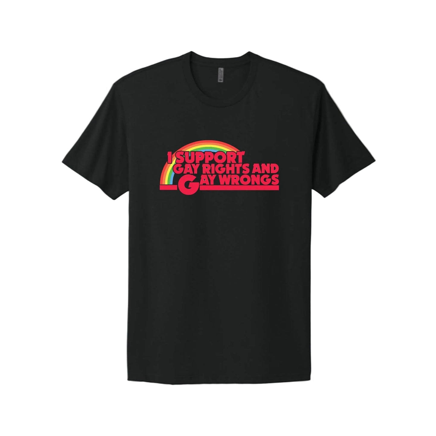 Black t-shirt with rainbow design and text on a white background