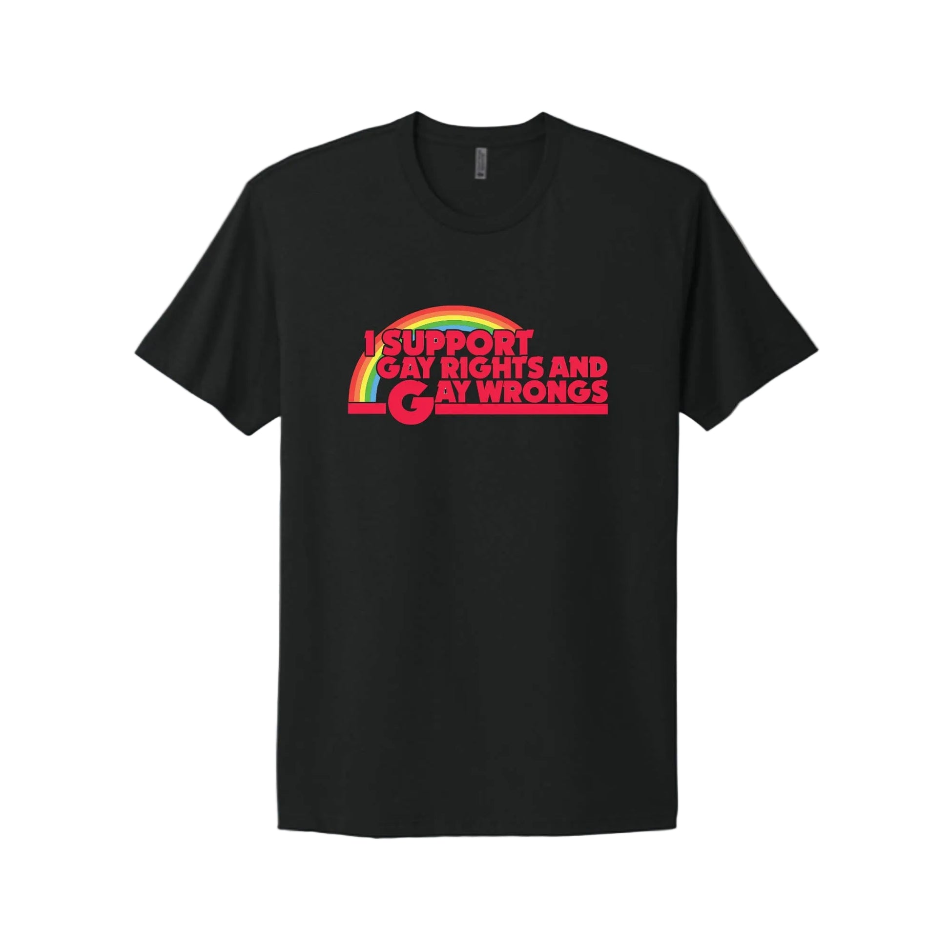 Black t-shirt with rainbow design and text on a white background