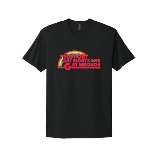 Black t-shirt with rainbow design and text on a white background