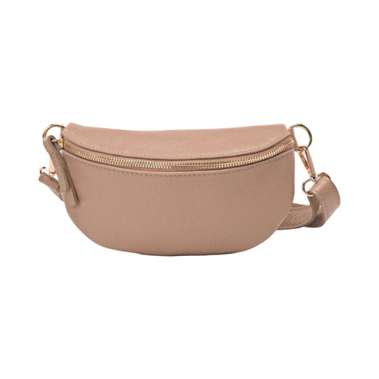 Grained leather belt bag, front view with zipper closure