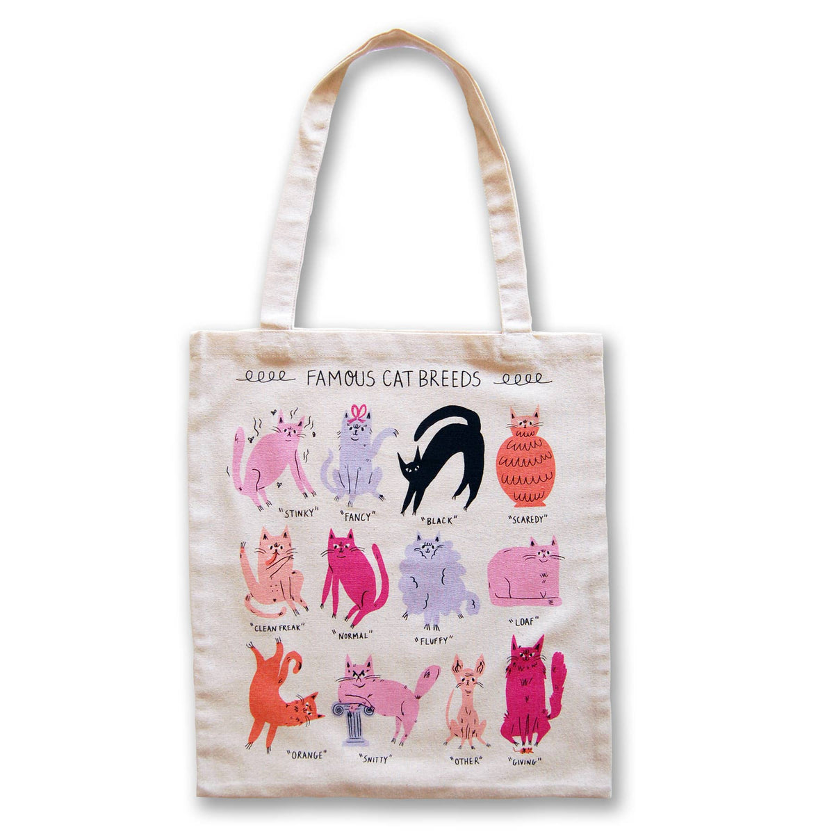 Natural cotton tote bag printed with twelve illustrated cats labelled as famous cat breeds - PABOOM