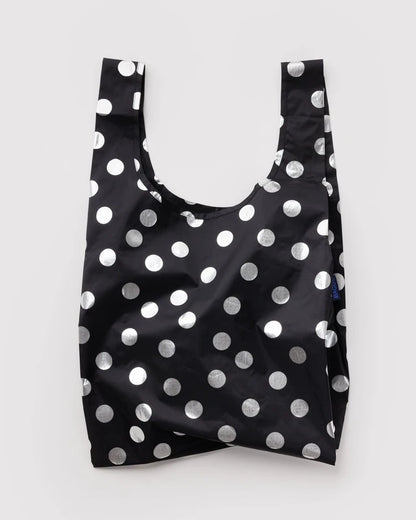 BAGGU Standard Baggu reusable bag in Silver Metallic Polka Dot print folded flat - PABOOM