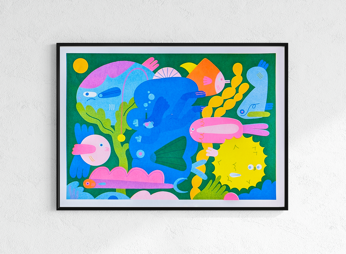 Fishies A3 Risograph Print — illustration of a busy underwater scene with colourful fish characters on a green background