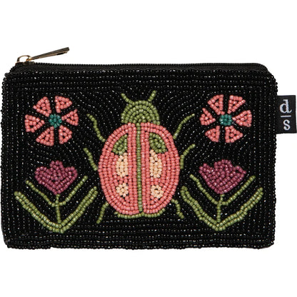Black hand-beaded pouch with a pink beetle and floral design bordered by a beaded checkerboard pattern – PABOOM