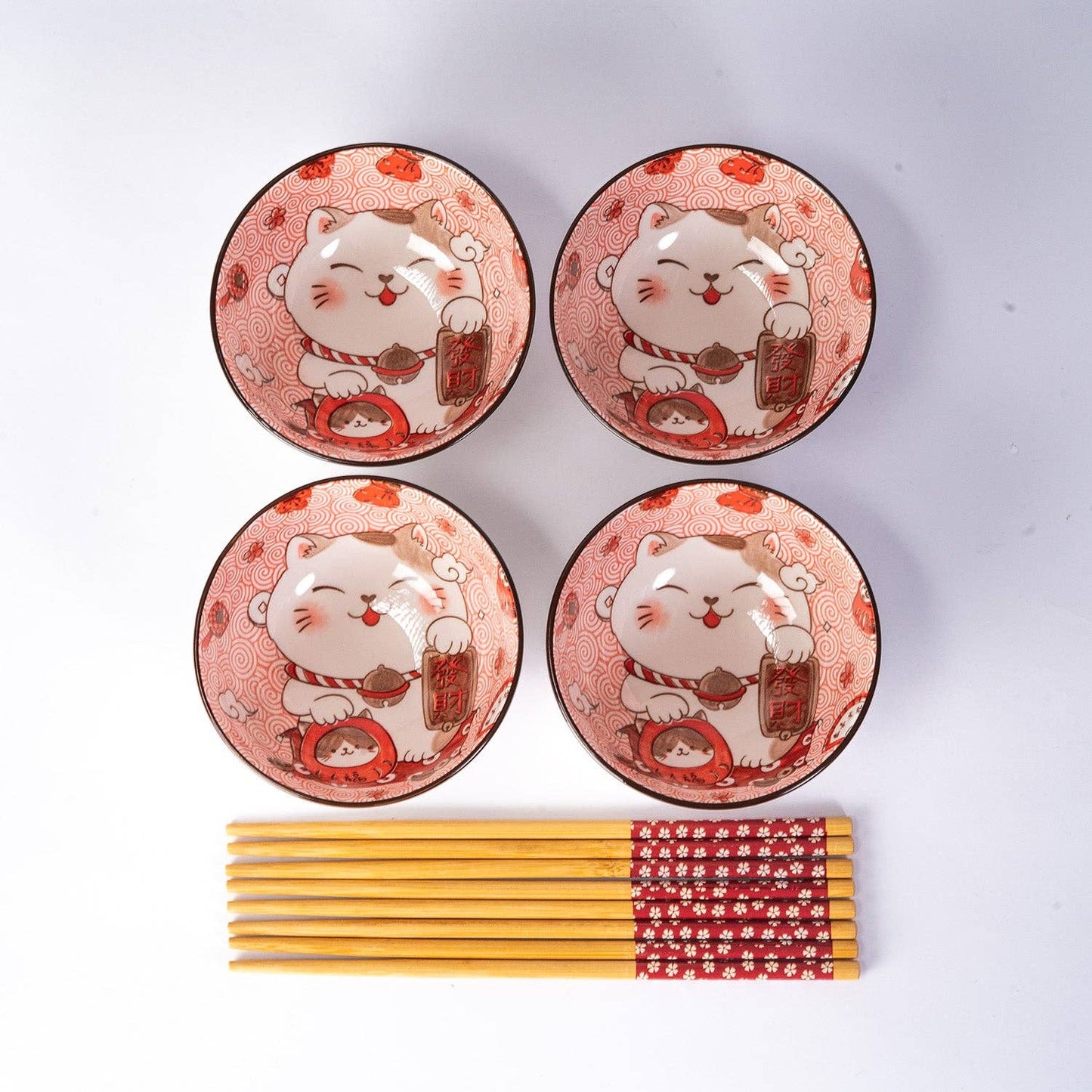 Lucky Cat bowl set close-up of sleeping cat illustration