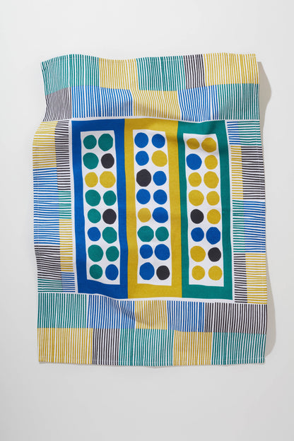 Mesh tea towel with blue, green and yellow dot and grid pattern - PABOOM