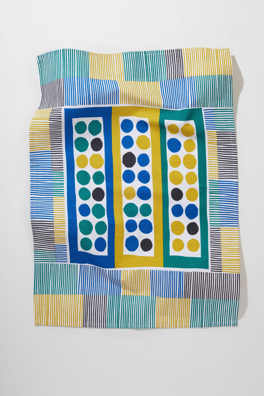 Mesh tea towel with blue, green and yellow dot and grid pattern - PABOOM