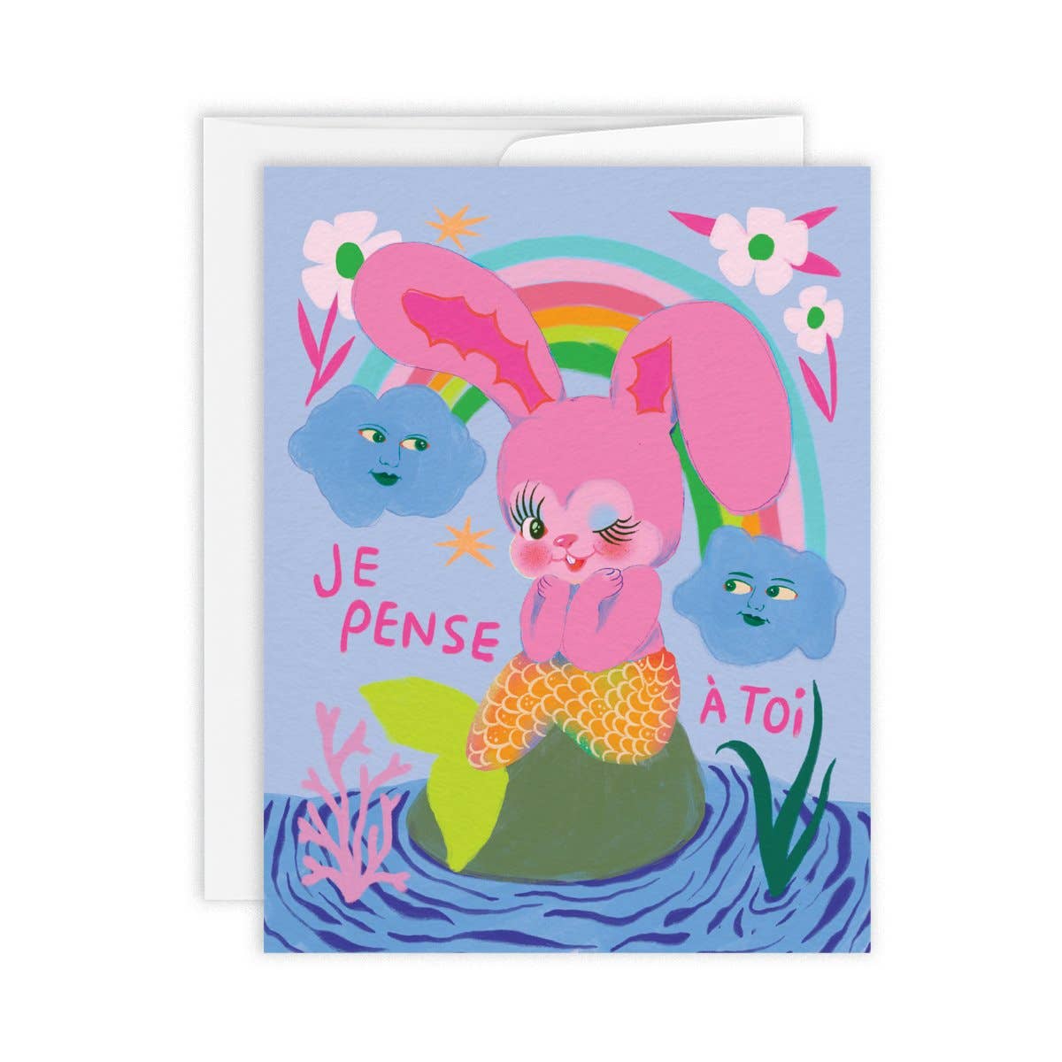 Pink bunny-mermaid character on a rock under a rainbow, reading Je Pense À Toi