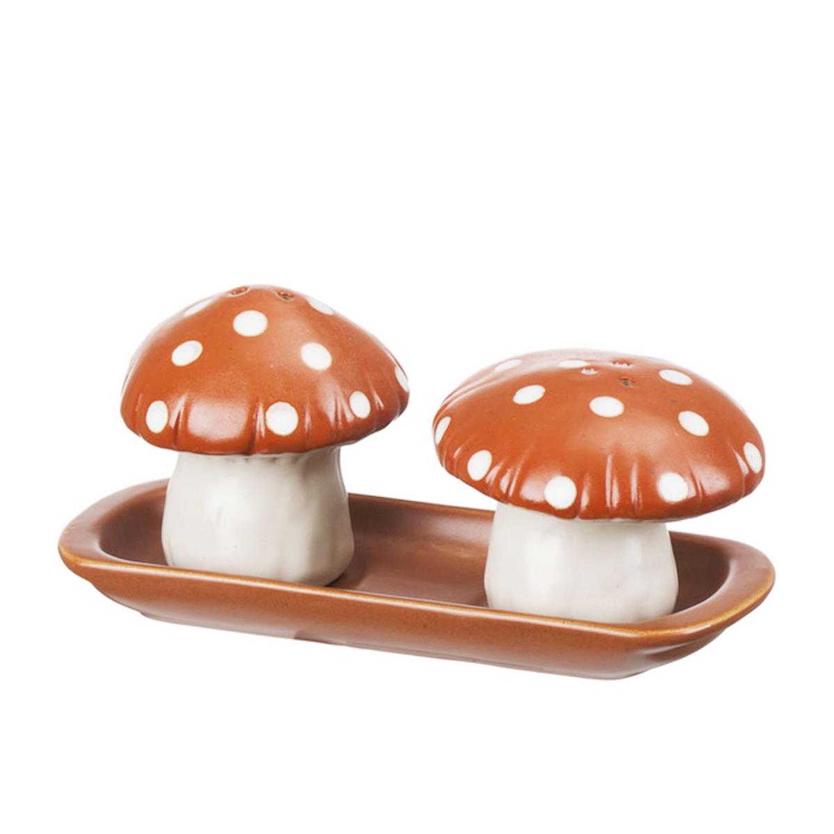 Mushroom Salt + Pepper Shakers On Tray