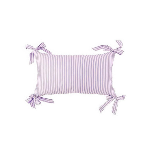 Lavender and white pinstripe lumbar cushion with fabric bows tied at each corner - PABOOM
