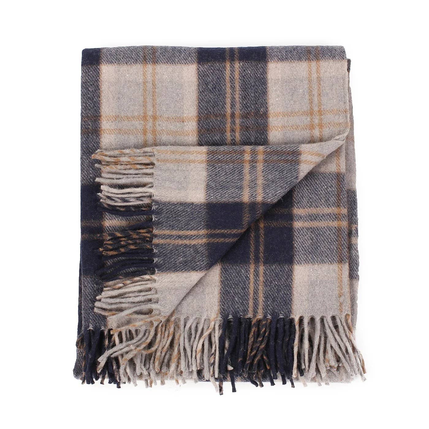 Bannockbane Silver tartan wool throw folded to show fringe detail - PABOOM