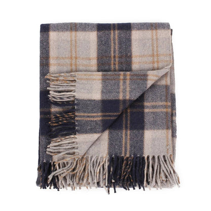 Bannockbane Silver tartan wool throw folded to show fringe detail - PABOOM