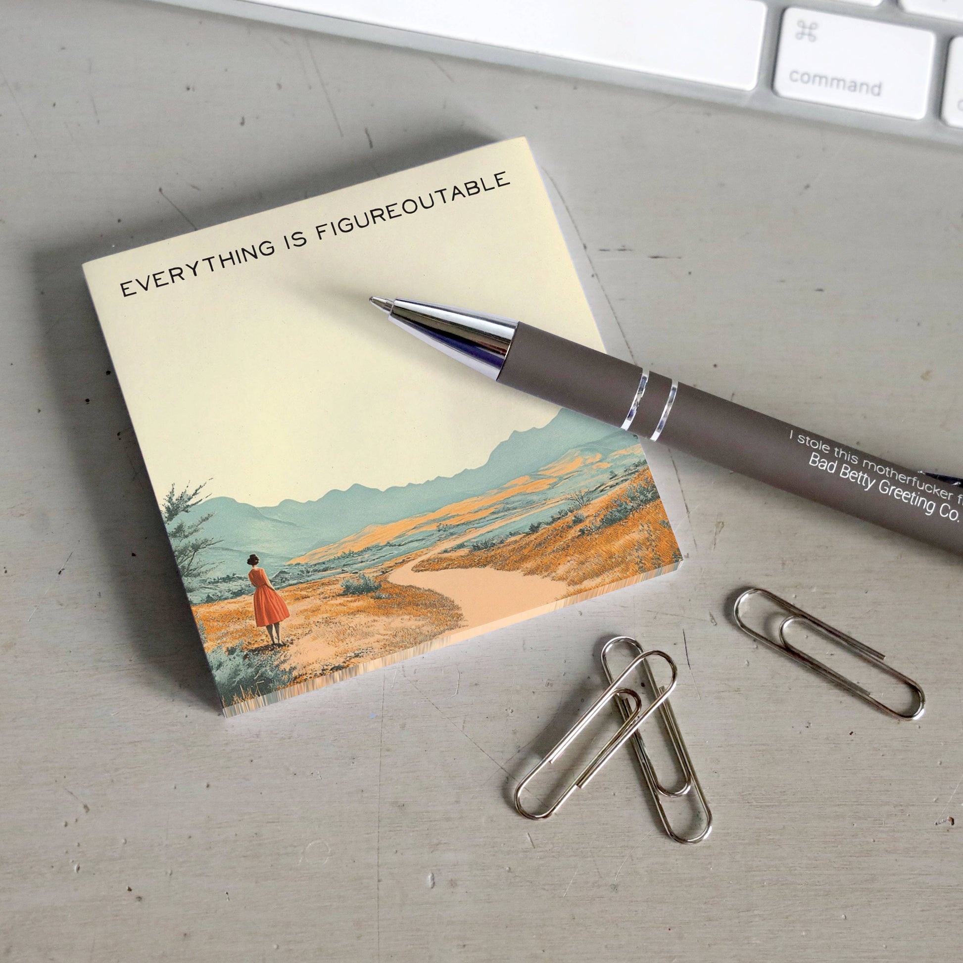 Close-up detail of the Everything Is Figureoutable sticky note pad's illustration