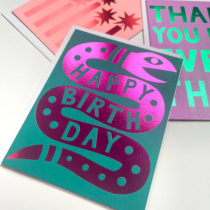 Pink Foil Happy Birthday Snake Note Card