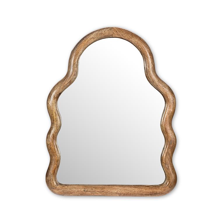 Freeform-shaped mirror with a natural mangowood frame, 20 inches tall
